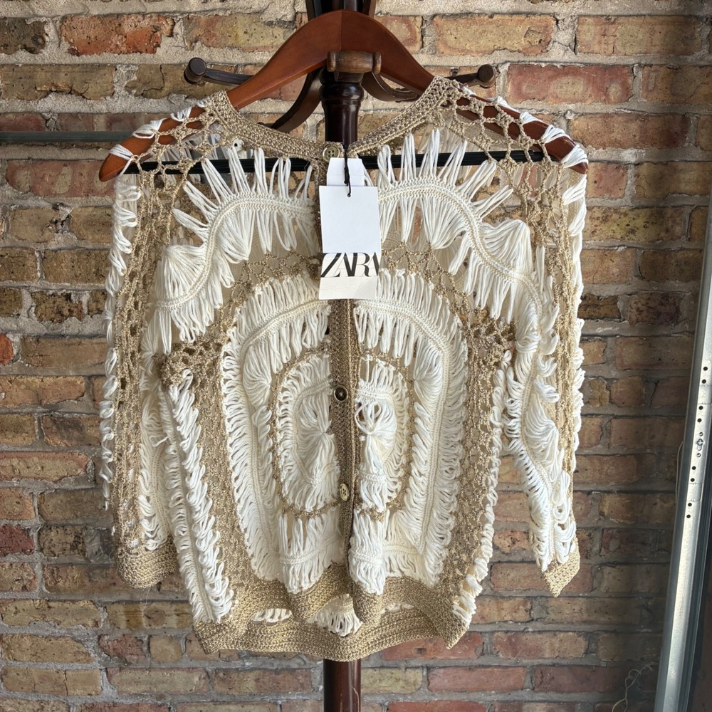Zara Metallic Gold Crochet Fringe Cardigan Sweater Cream Boho 1957/025/303 M